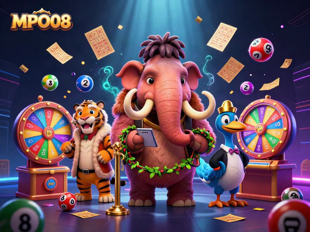 MPO08 features a vibrant casino scene with a mammoth bouncer and colorful lottery elements creating excitement.