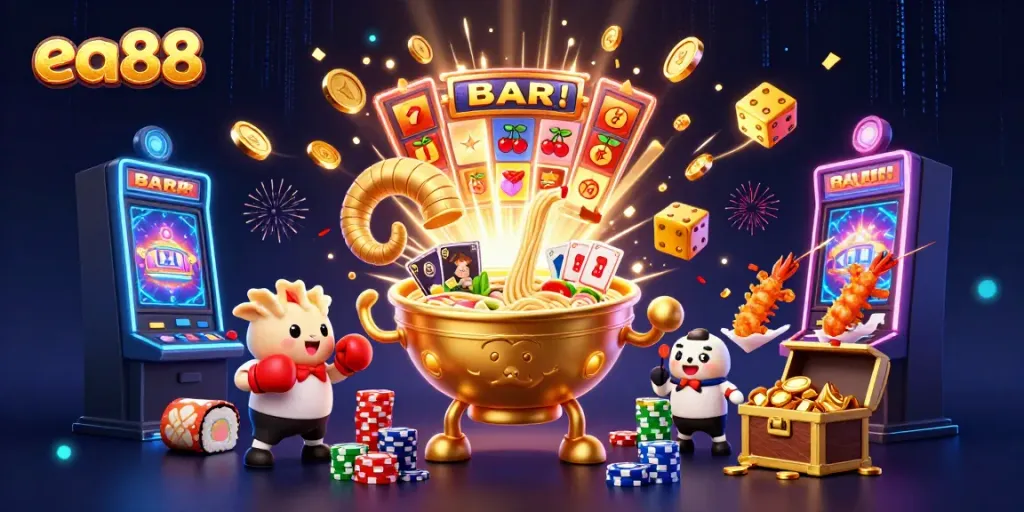 Ea88 thắng lợi khi chơi casino qua hình ảnh vui vẻ với nhân vật ẩm thực đặc sắc.