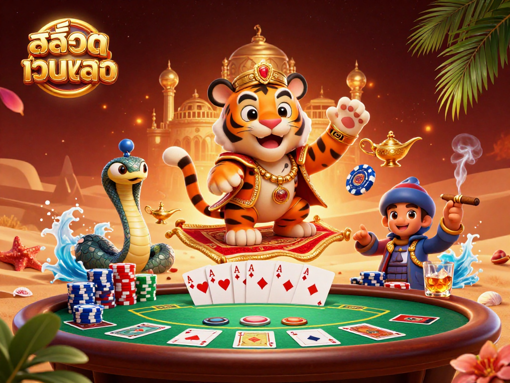 Engage with สล็อตเว็บตรง in this vibrant 3D casino scene showcasing thrilling gaming elements.