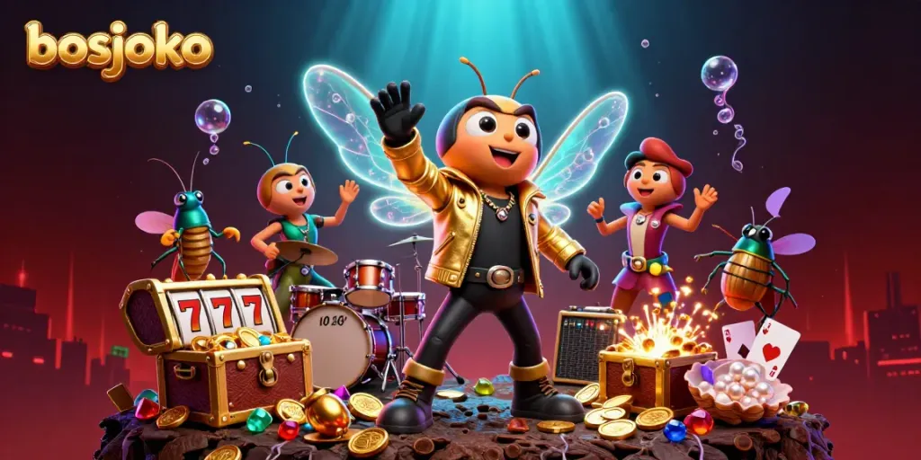 Engage with bosjoko's thrilling slot experience featuring lively characters, golden treasures, and vibrant casino elements.