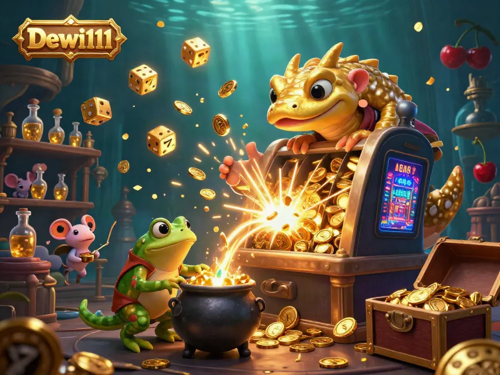 Merayakan kemenangan di Dewi111 dengan slot mesin yang mengeluarkan koin emas dan simbol keberuntungan.