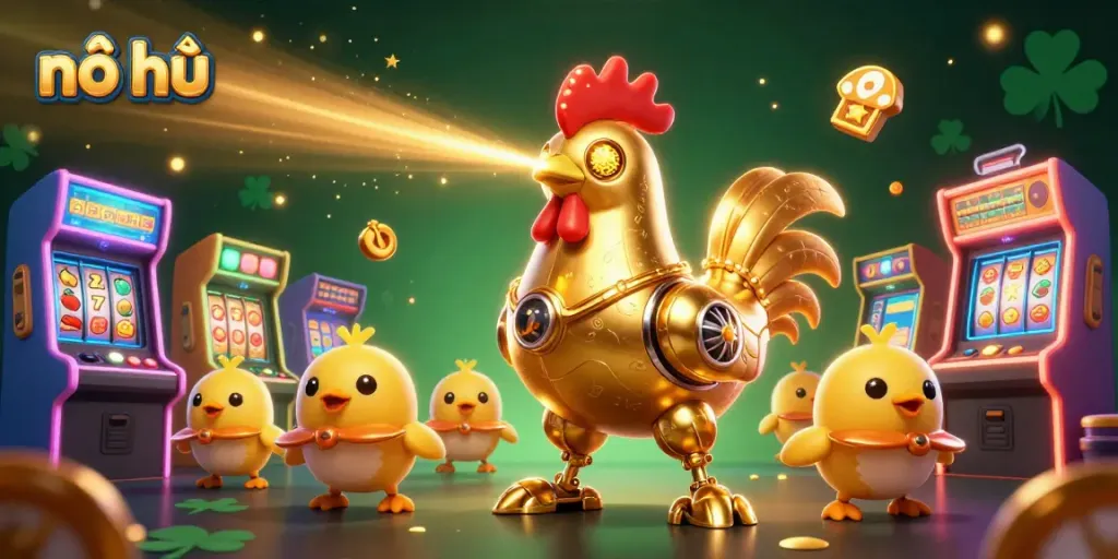 Experience nổ hũ thrill with a golden rooster robot and arcade gaming fun.