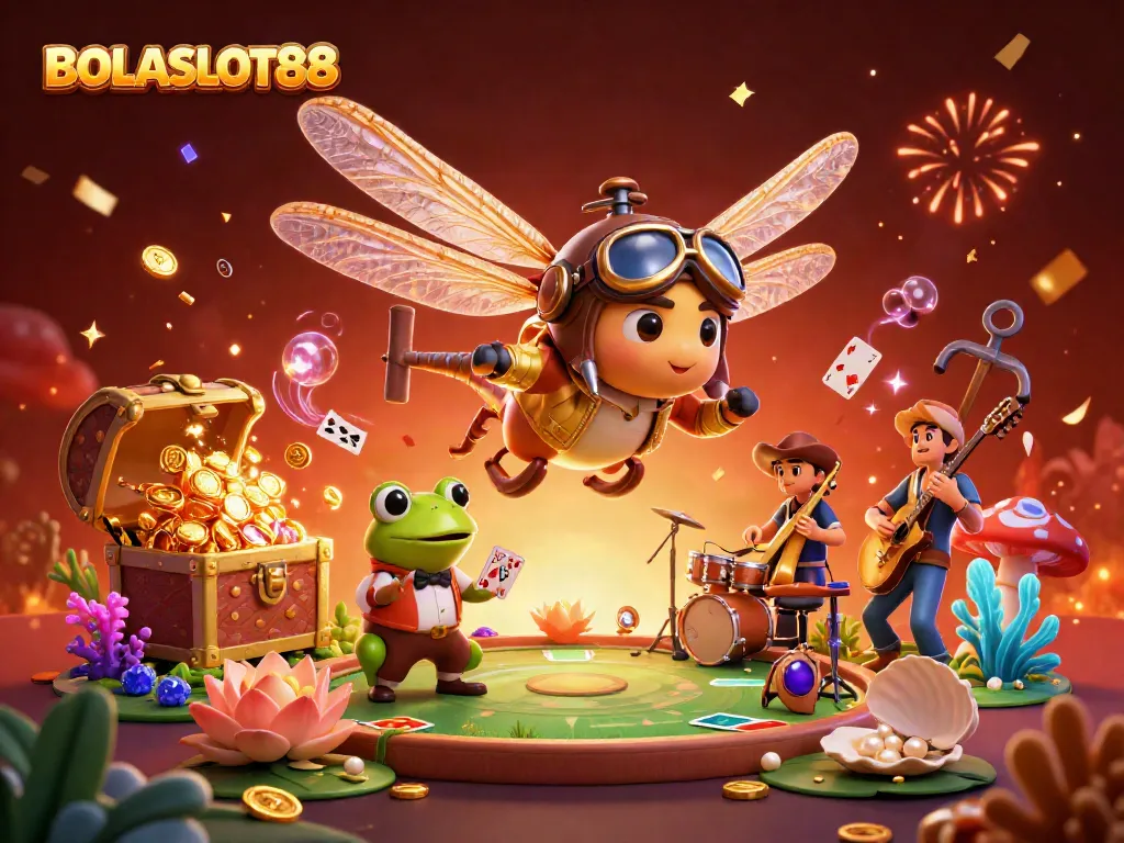 BOLASLOT88 showcases a vibrant 3D casino scene with a dragonfly pilot and a frog croupier amidst exploding treasure and bioluminescent coral.