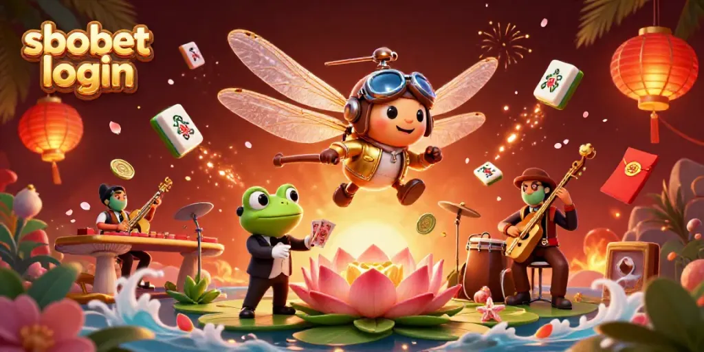 Experience savvy betting with SBOBET login featuring lively characters in a vibrant casino scene.