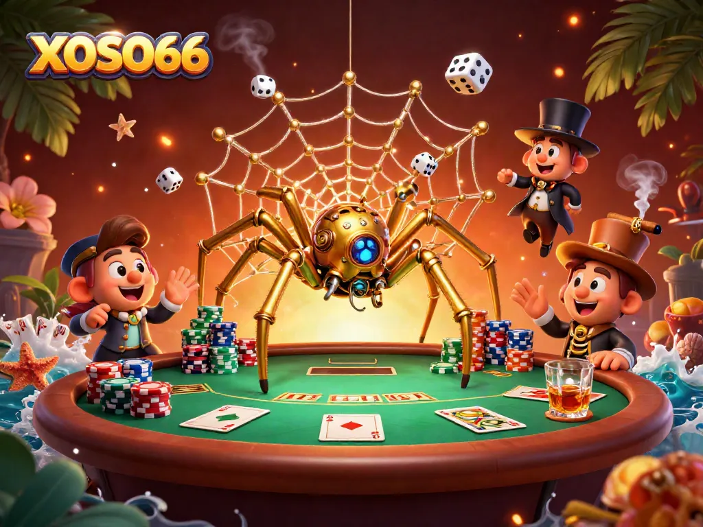 XOSO66 showcases a golden spider creating a web of casino excitement with various gaming elements