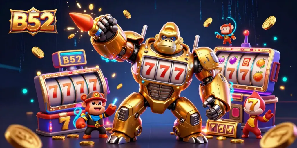 B52 slot machine adventure with a golden gorilla mech, showcasing exciting casino action.