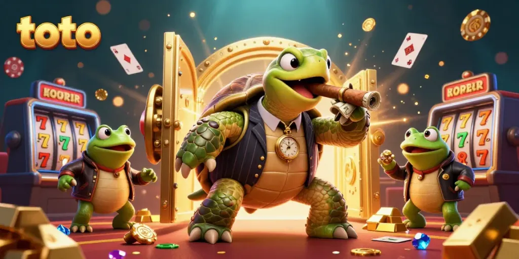 Spin the reels with toto and win big in a vibrant casino scene featuring a mobster turtle.