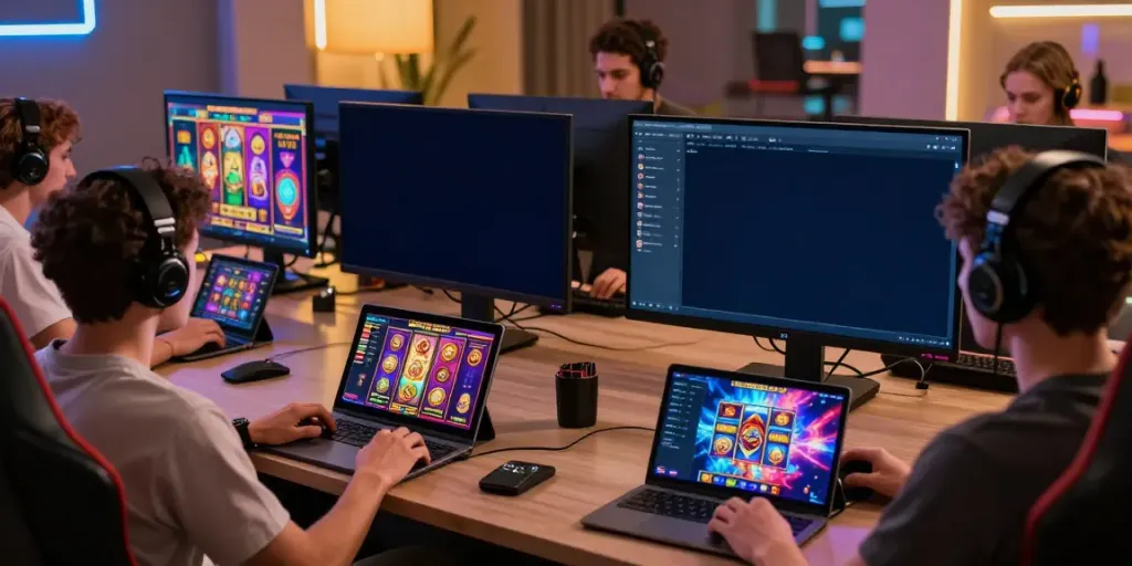 Engaging online gaming experience on temposlot with diverse players using various devices.