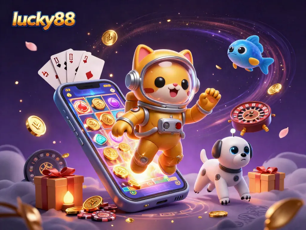 Spin to win with lucky88 in this vibrant casino-themed scene of fantastical characters!