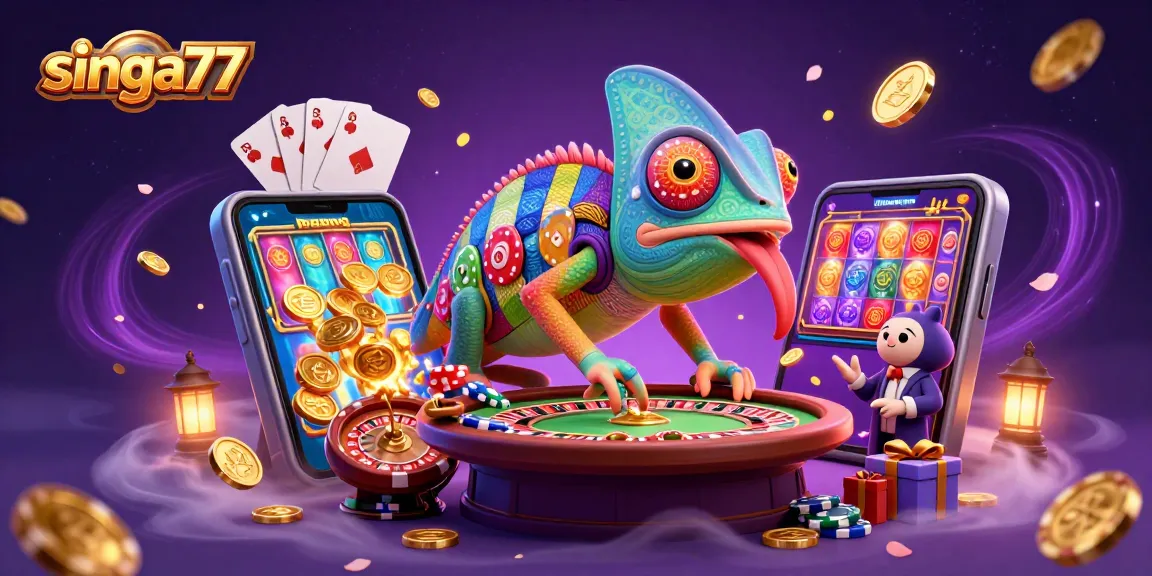 Engage with singa77's vibrant casino world with a chameleon owner, coins, and spinning slots.