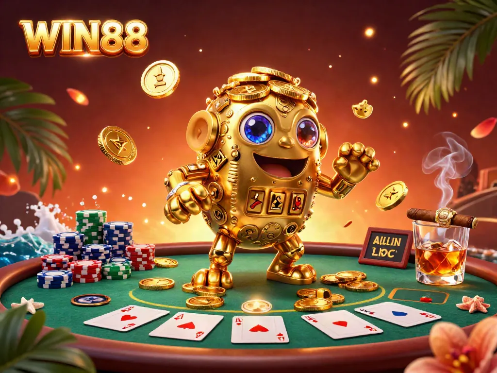 Win88 showcases a vibrant 3D casino scene with a golden golem surrounded by poker elements.