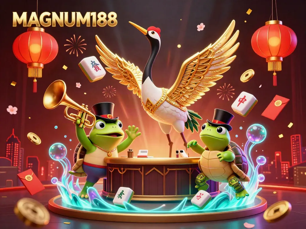 Engage in vibrant wins at MAGNUM188's dynamic 3D casino scene with playful characters and rich elements.