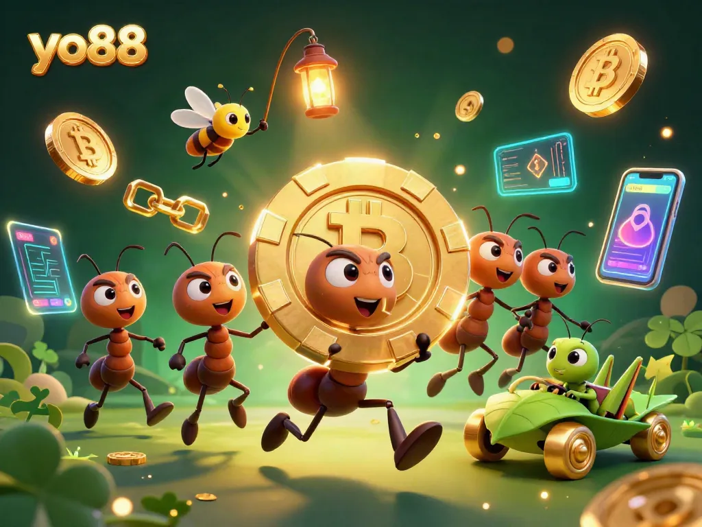 Join the yo88 heist with ants carrying a giant poker chip through a tunnel, illuminated by a firefly.