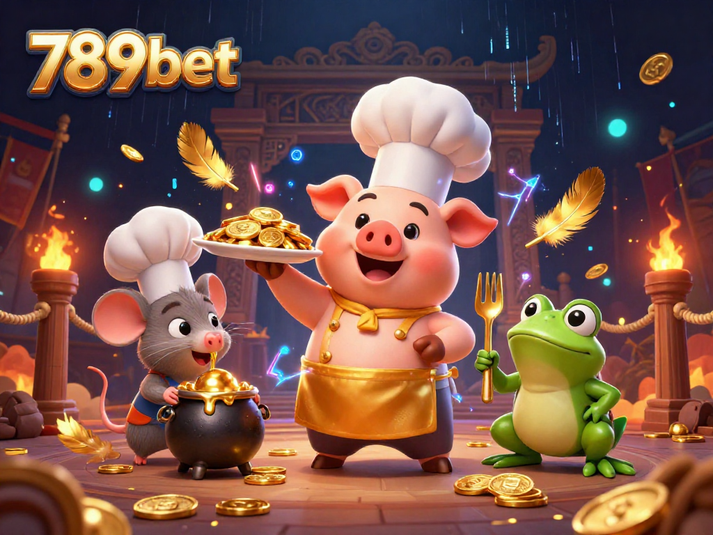 Experience thrilling 789bet gameplay with a gold coin feast served by a chef pig in a dynamic casino setting.