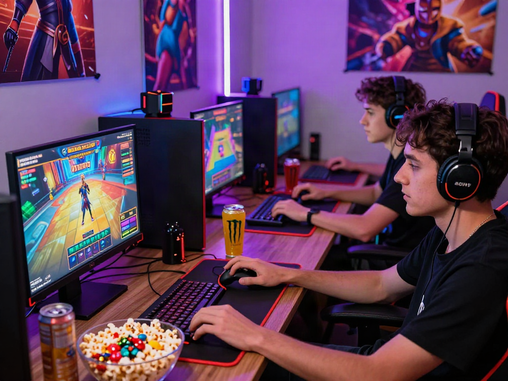 Exciting online gaming scene with players engrossed in a slot qris 5k game, surrounded by vibrant graphics and gaming accessories.