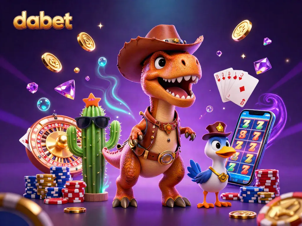 Spin to win on Dabet with a T-Rex and friends among vibrant casino elements.