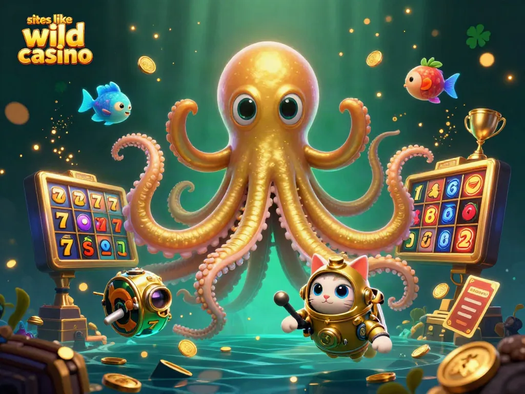 Play exciting games like at Wild Casino with our vibrant kraken and diving cat illustration.
