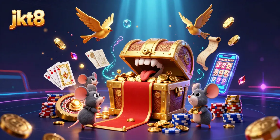 Gali kemenangan dengan jkt8: ilustrasi kasino 3D yang memikat dengan peti harta karun dan banyak kemenangan.
