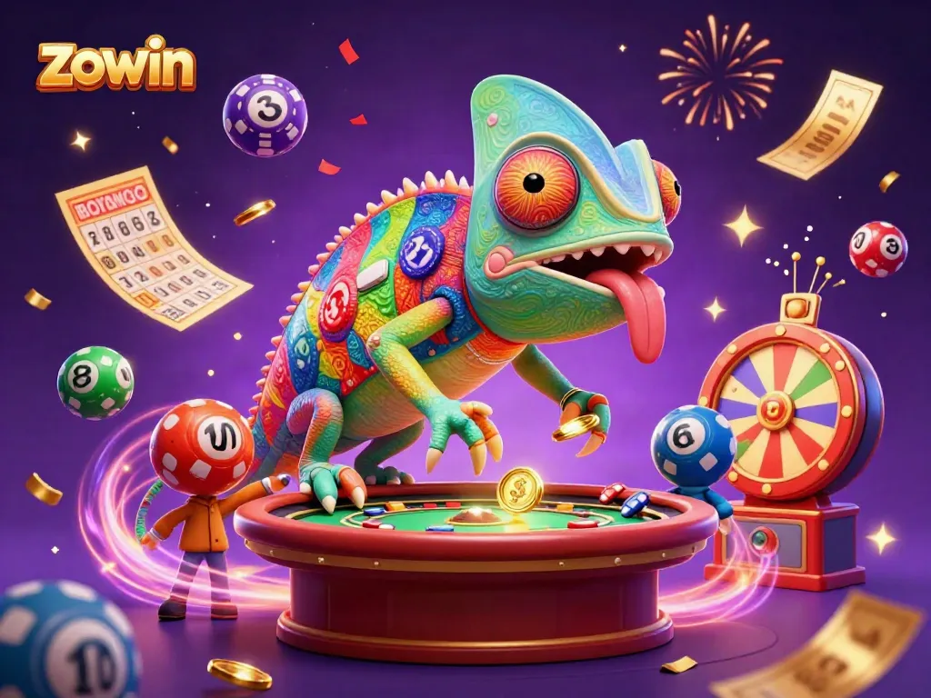 Zowin offers a vibrant casino experience with colorful games and interactive elements, illustrated dynamically.