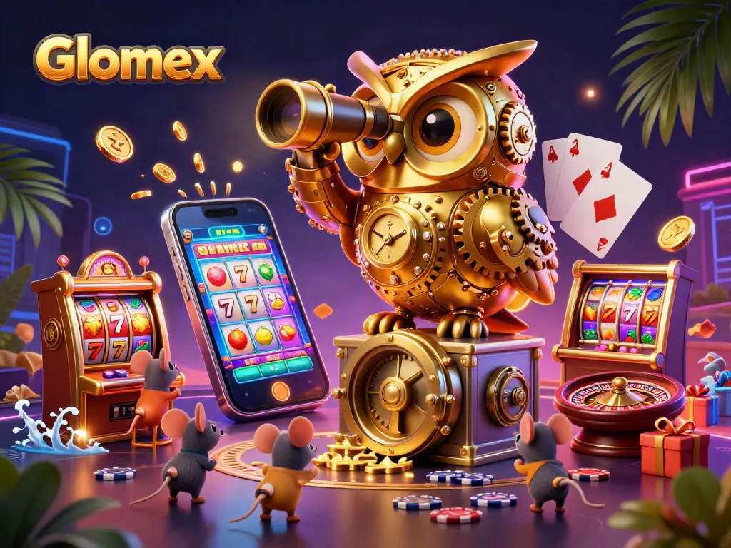 Engage with Glomex's thrilling casino scene featuring animated characters and vibrant slots.