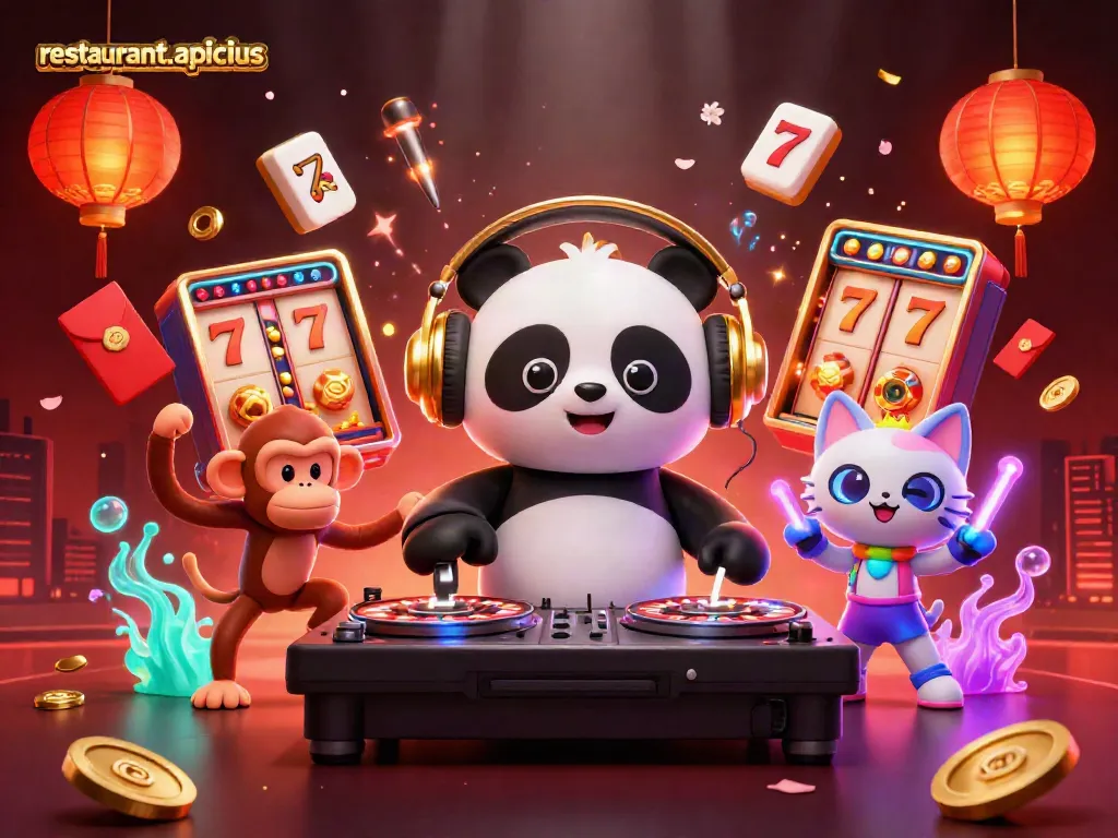 Spin the reels with restaurant-apicius, featuring a DJ panda and vibrant casino elements in a festive scene.