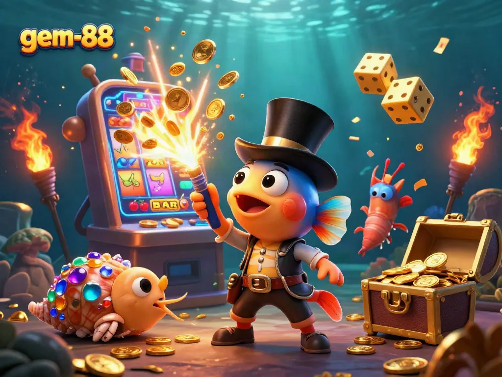 Engage in thrilling moments with gem-88's underwater casino featuring a treasure-laden snail and anglerfish!