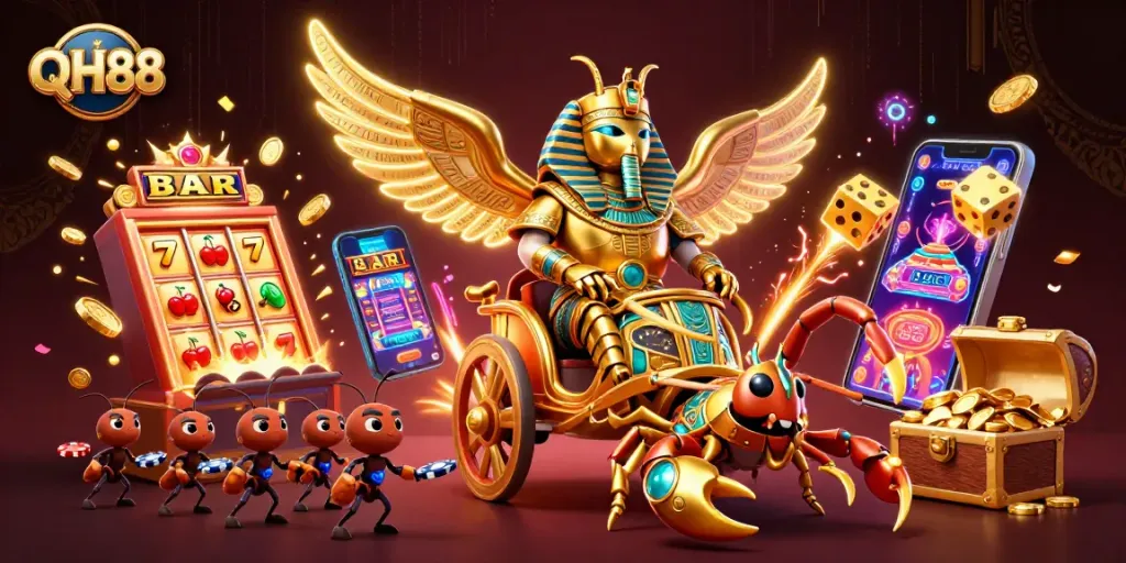 QH88 allure showcased with a vibrant, action-packed casino scene featuring colorful slot machines and golden characters.