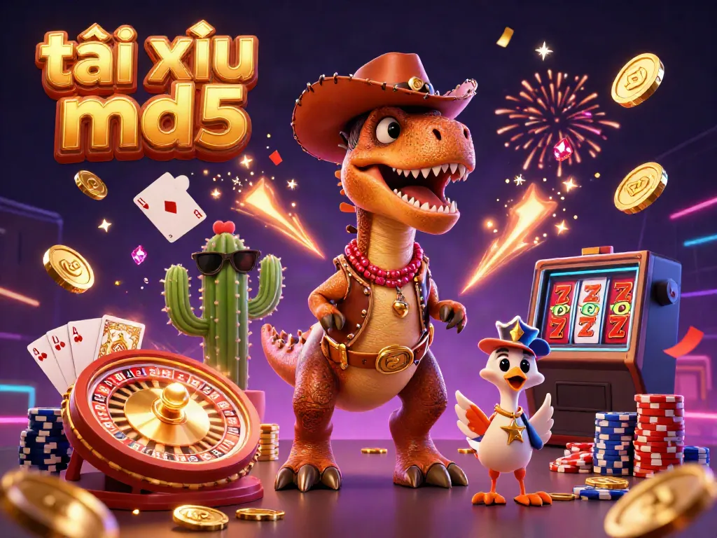 Experience the excitement of tài xỉu md5 with our dynamic 3D casino scene, featuring cartoon characters and casino elements.