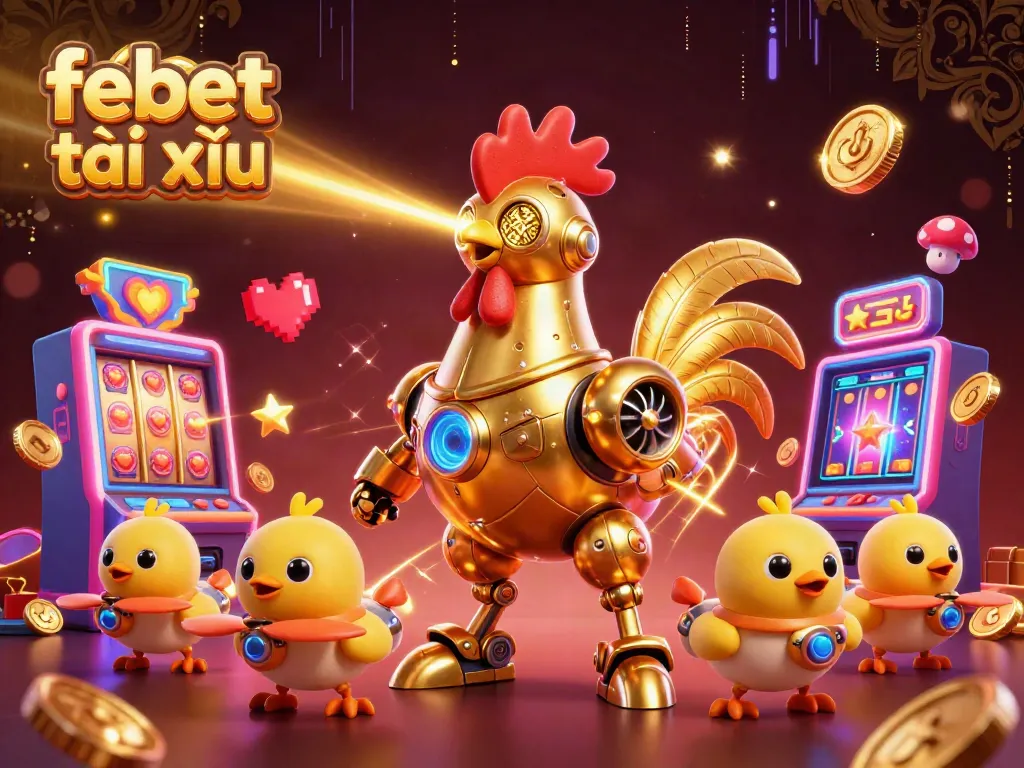 Experience the thrill of febet tài xỉu with a vibrant casino scene featuring a golden robot and slot machines.