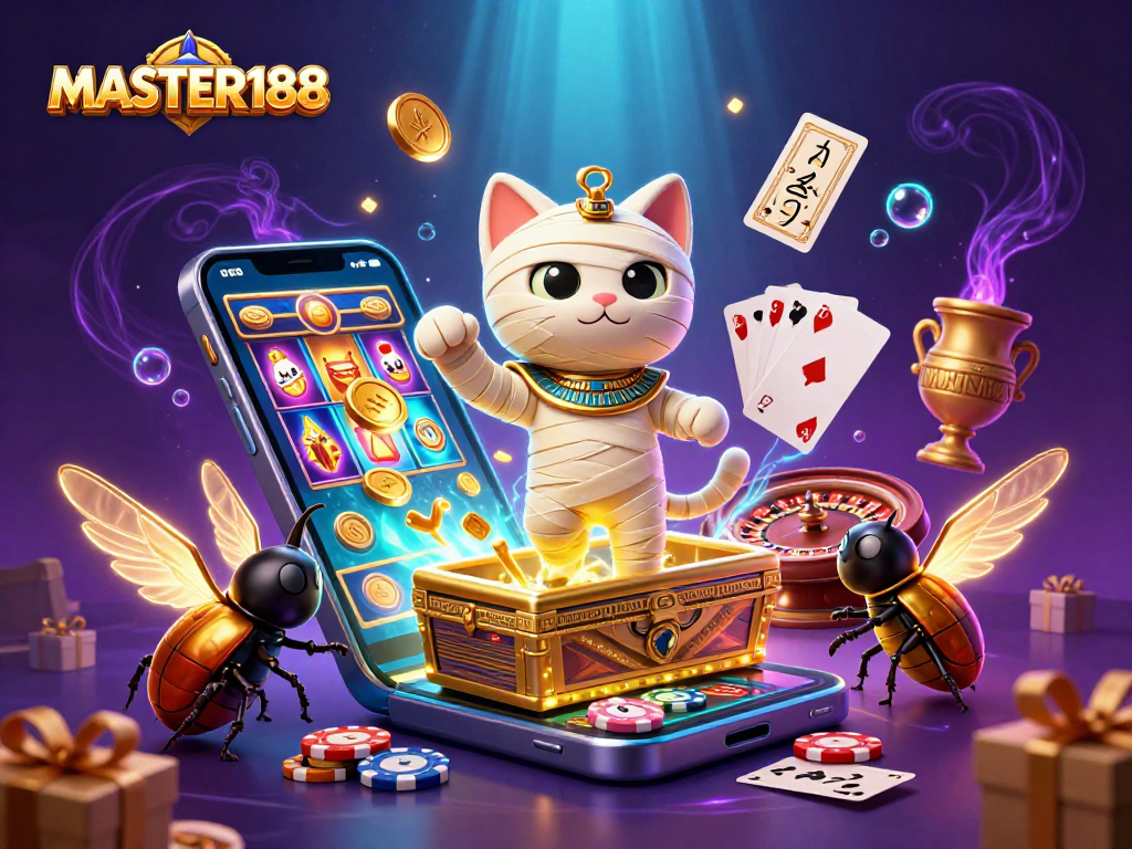 Experience thrilling gaming at MASTER188 featuring a mummy cat, slot games, and casino riches.