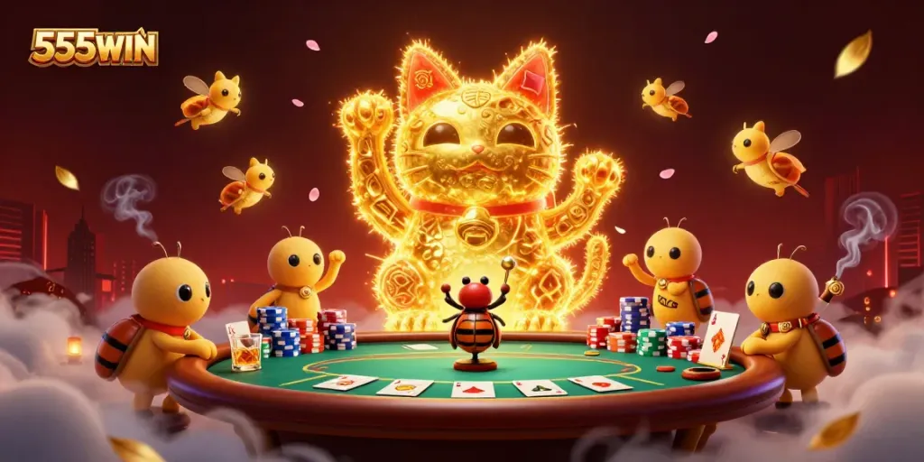 Experience thrilling wins with 555WIN's vibrant lucky cat illustration amidst dynamic casino symbols.