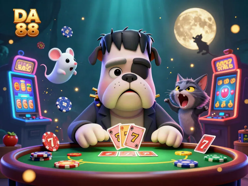 Experience thrilling casino action with DA 88 as a Frankenstein bulldog deals cards at a glowing table surrounded by vibrant slot machines.