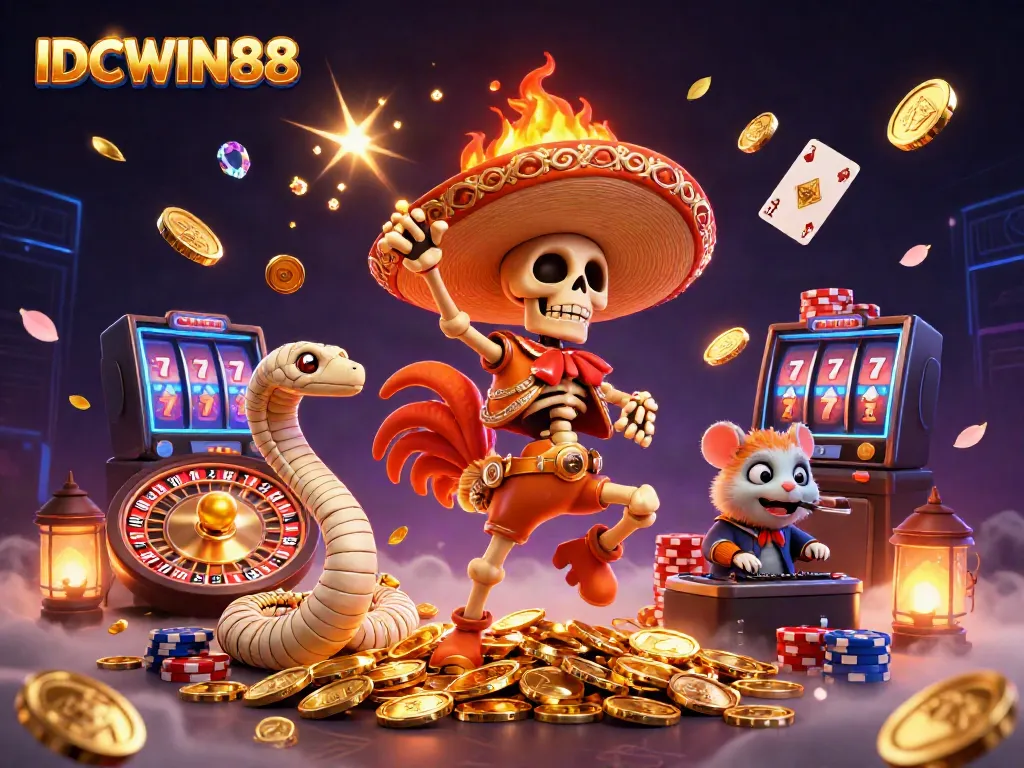Experience the thrill of the IDCWIN88 platform with vibrant gaming characters celebrating amidst golden coins and gems.