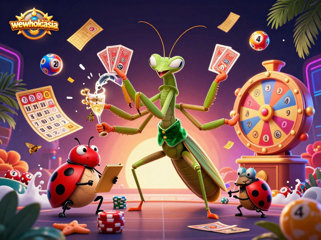 Bermain di wewhokiasia dengan mantis raksasa yang membagikan kartu dan bola lotere berwarna cerah menghiasi latar.