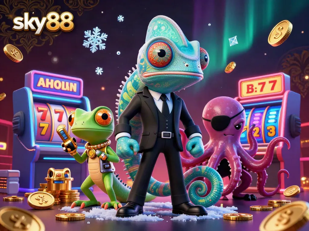 Join the thrilling action of sky88 where a secret agent chameleon, tech-savvy gecko, and villainous octopus embark on an adventurous gaming quest.