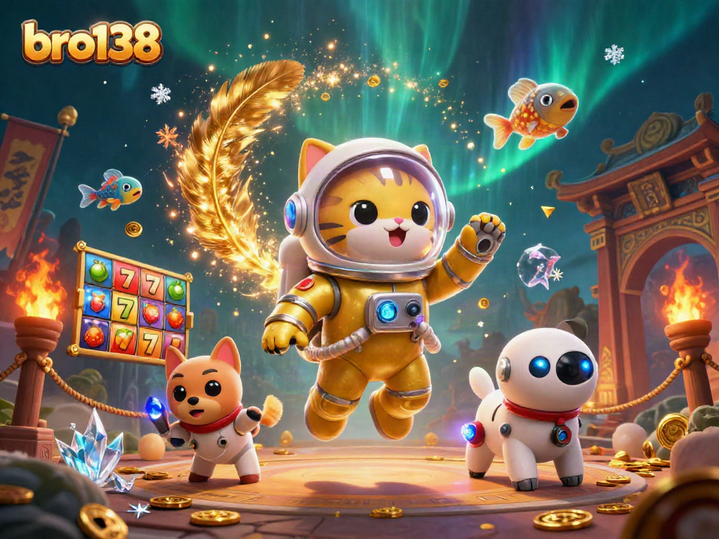 Engage with bro138 in a vibrant casino scene featuring an astronaut cat and robot dog surrounded by dynamic slot reels.