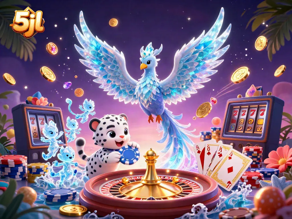 Bet on vibrant slots with 5jl's cartoon characters, golden coins, and sparkling jewels.