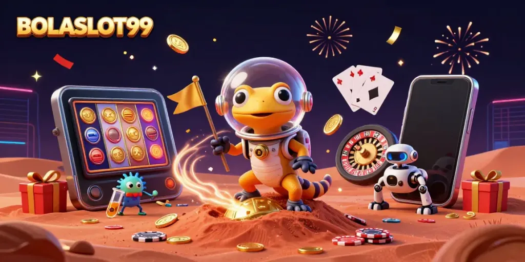 BOLASLOT99 showcases a Martian gecko celebrating a jackpot discovery in a vibrant, cosmic casino scene.