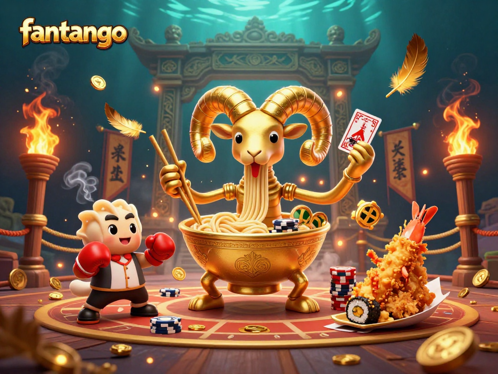 Engage in a vibrant “fantango” gaming spectacle with animated characters and rich casino elements.