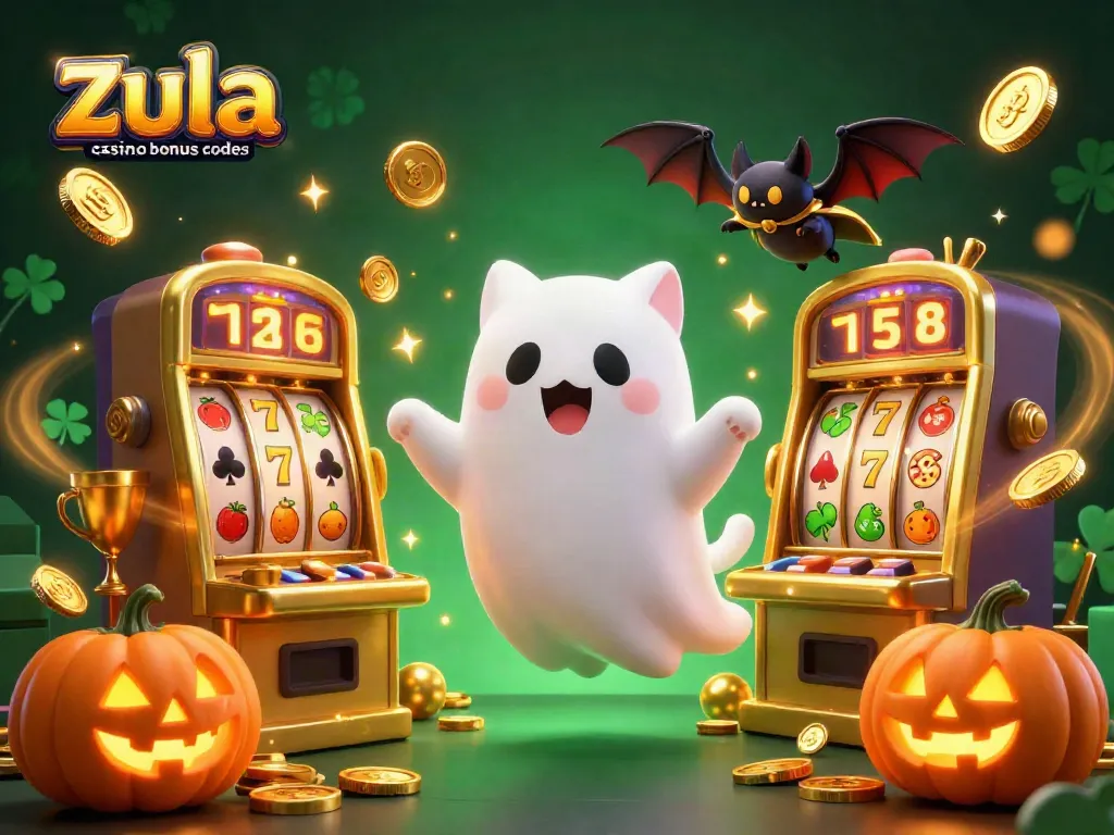 Zula Casino bonus codes ghost cat plays in a vibrant casino scene filled with glowing slot machines and gold coins.