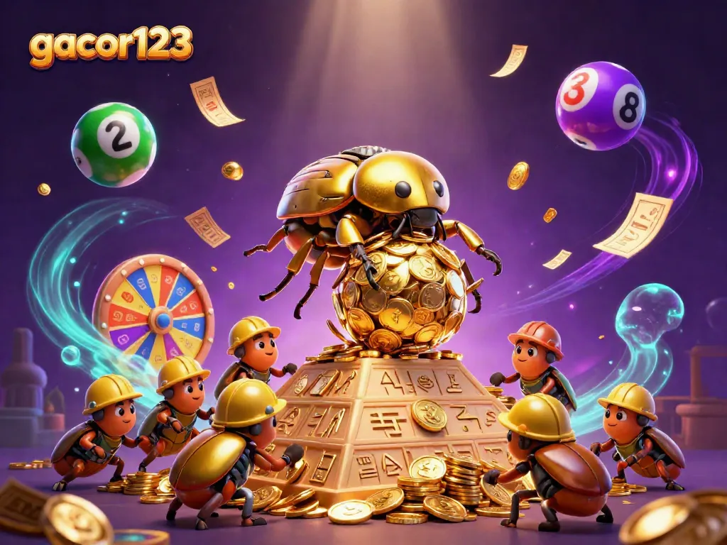 Experience gacor123's vibrant gaming adventure with colorful lottery balls and golden coins.