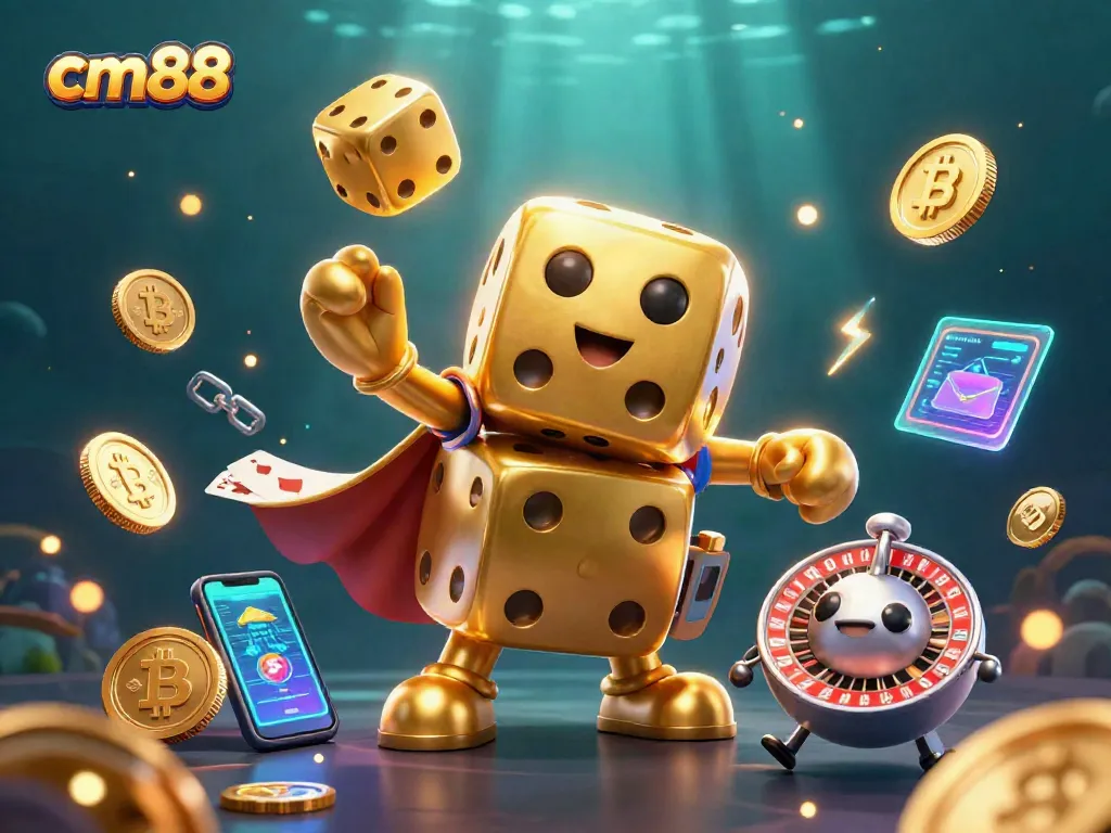 Experience thrilling cm88 gaming action with vibrant 3D cartoon characters, golden dice, and crypto elements.