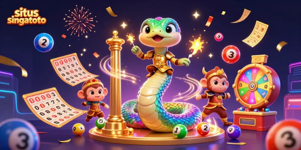 Experience the excitement of situs singatoto with dynamic slot machines, colorful lottery balls, and festive celebration elements.