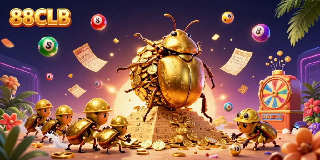 88CLB features an energetic scene of a golden dung beetle rolling coins, surrounded by dynamic gambling elements.